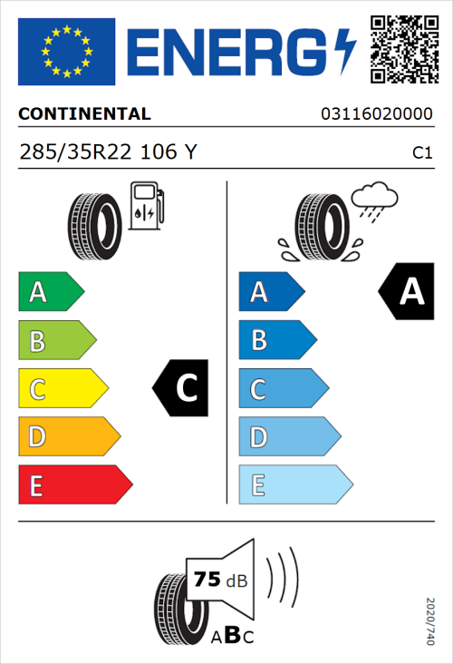 Tyre Label for Continental SportContact 6 285/35R22 106Y