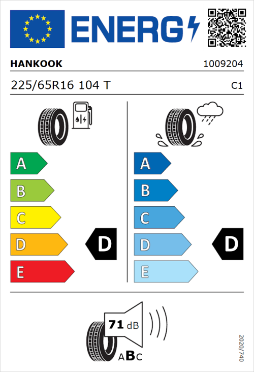 Tyre Label for Hankook Dynapro HP RA23 225/65R16 104T